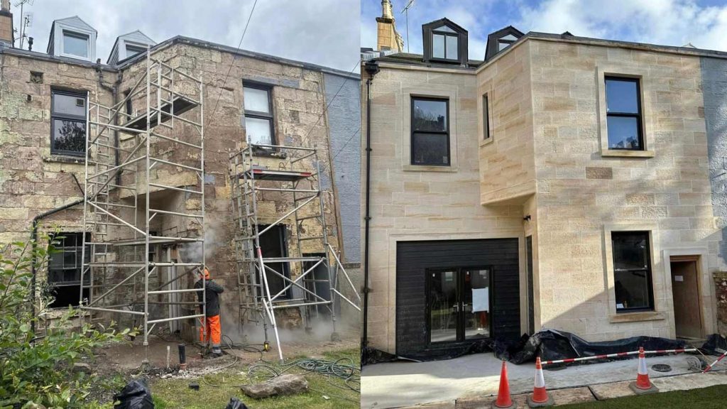 Before and after images showing a property before and after DOFF cleaning has restored the stonework
