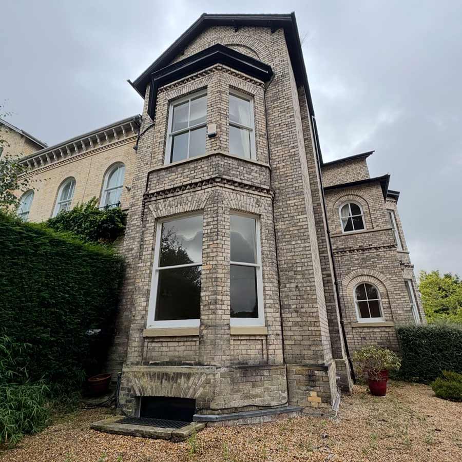 Elcho Lodge in Bowdon WA14 2TL, a Grade II listed heritage property undergoing brick restoration - DOFF cleaning and lime mortar repointing