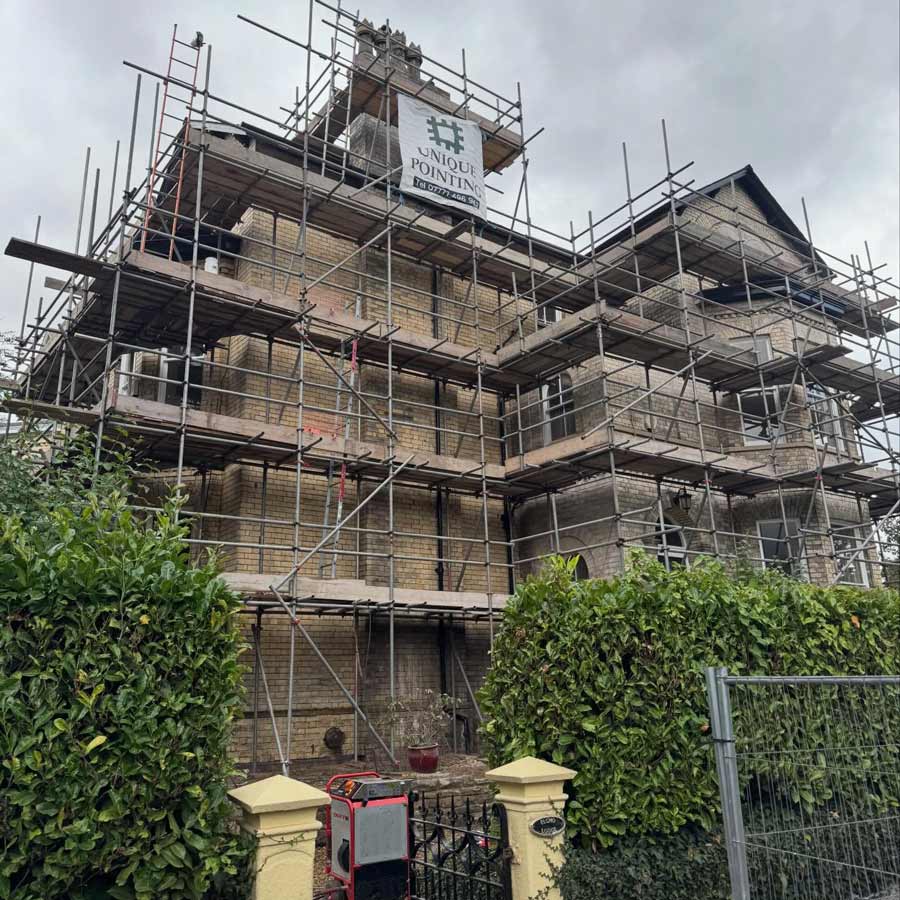Elcho Lodge in Bowdon WA14 2TL, a Grade II listed heritage property undergoing brick restoration - DOFF cleaning and lime mortar repointing