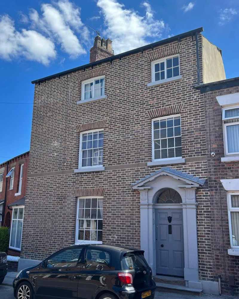 A completed rake out of old cement mortar and completed repointing in lime mortar NHL 3.5 at a listed building in Macclesfield